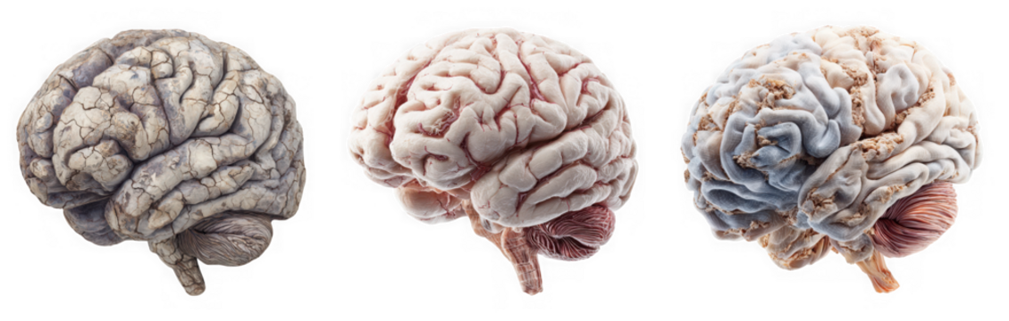 Three human brains showing different stages of aging, isolated on a transparent background