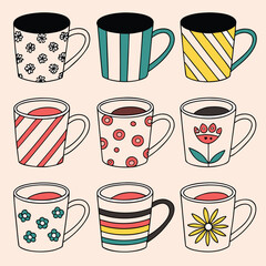 Colorful illustration of nine patterned coffee mugs with various designs and stripes