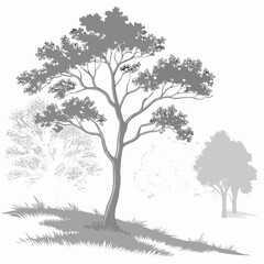 Obraz premium A large tree standing alone in a field with smaller trees in the background