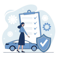 Woman standing next to car with clipboard and checklist for vehicle protection and safety
