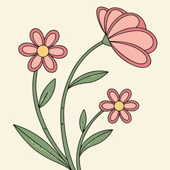 A simple illustration of three pink flowers with green stems and leaves on cream background
