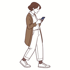 A woman walking while looking at her mobile phone in a simple illustration style