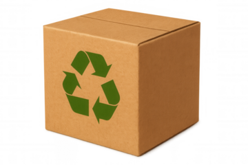 Cardboard box featuring green recycling symbol promoting eco-friendly practices and sustainable packaging solutions with transparent background