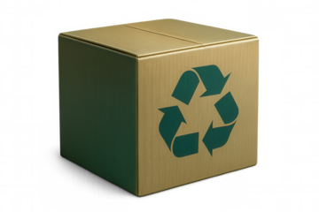 Closed cardboard box displaying green recycle symbol promoting eco-friendly practices, set against a transparent background