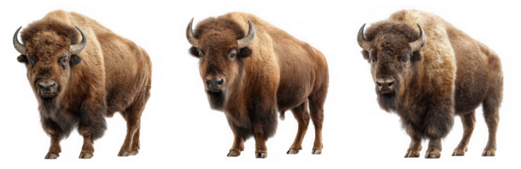 Three american bison standing in profile, isolated on transparent background