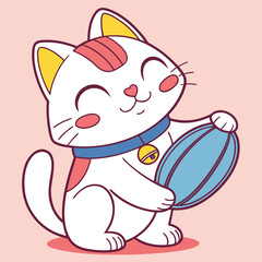 Cute cartoon cat holding a blue ball with a happy expression on its face