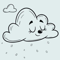 A cute cartoon cloud with a smiling face and raindrops falling from it