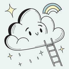 A cartoon cloud with a face and a ladder leading up to a rainbow