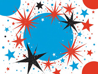 abstract background, holiday card template, blue and red circles and stars