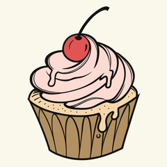 A cartoon cupcake with pink frosting and a cherry on top is deliciously sweet treat