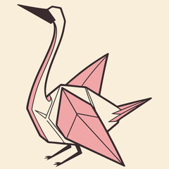 A pink origami crane with folded wings and a long neck standing alone