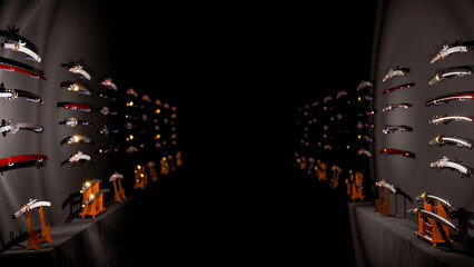 大量の日本刀コレクションが両側の壁に掛けて並べてある武器庫
