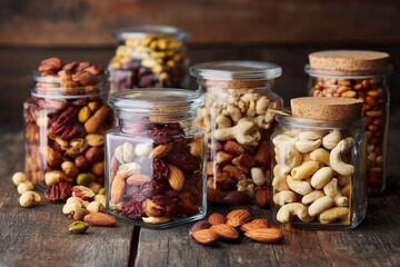 Healthy Mixed Nuts and Seeds Displayed in Glass Jar on Rustic Wood Background