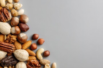 Nut Selection High in Protein on Grey Background with Copy Space – Healthy Snack Concept