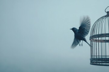 Bird in Flight Leaving Empty Cage Behind – Symbolic Representation of Freedom and Loss