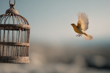 Empty Birdcage with Bird Flying Away – Metaphor for Liberation and Loss