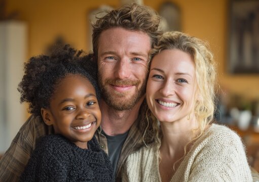 Happy diverse family portrait, joyful parents and their beloved adopted daughter smiling warmly, a heartwarming close up scene showing true connection and unity at home.