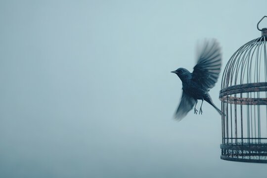 Bird in Flight Leaving Empty Cage Behind &ndash; Symbolic Representation of Freedom and Loss