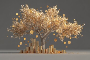 Abstract Growing Tree with Golden Leaves and Investment Certificates – Wealth Concept