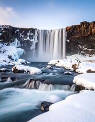 Winter waterfall in a snowy landscape