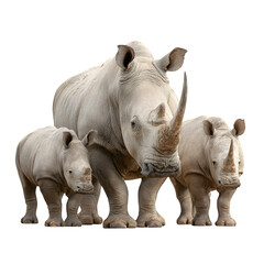 Obraz premium A majestic mother rhino stands protectively with her two young calves, a symbol of family and strength.