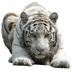 Naklejka premium Majestic white tiger with piercing eyes crouches intensely, showcasing its powerful build and striking stripes.