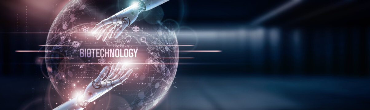 DNA helix, lab equipment, Hand of robot touching on biotechnology application on global network connection, genetic research, molecular analysis, healthcare innovation, pharmaceutical technology