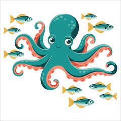 colorful underwater creature set with fish and octopus vector art isolated on white background