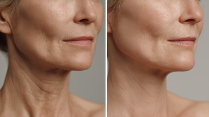 Obraz premium Woman showing neck before and after skin rejuvenation