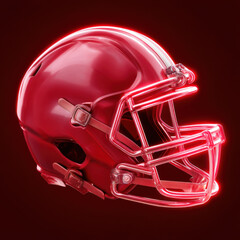 Fototapeta premium Vibrant red football helmet with glossy finish, illuminated by glowing neon effect, stands out against dark background, showcasing its sleek design and modern features