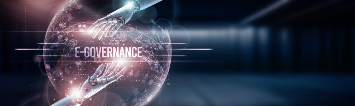 Hand of robot hold e-governance icon on global network connection, digital administration services, policy implementation systems, citizen engagement platforms, online government solutions