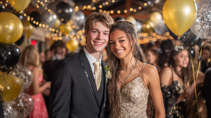 Well-dressed teenage couple smiling at prom night party