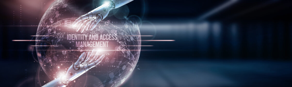 Hand of robot hold identity and access management on global network connection, user identity verification, cybersecurity solutions, digital data protection, compliance management
