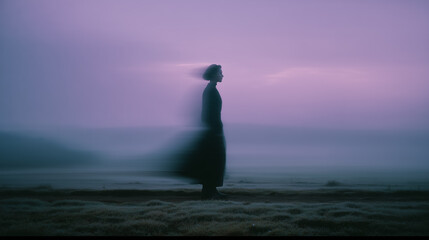 Woman walking in misty field at twilight creating motion blur effect