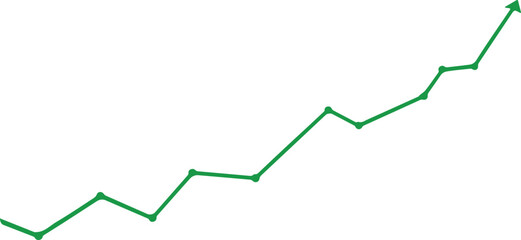 green rising line chart with data points, upward trend arrow showing growth and success on white