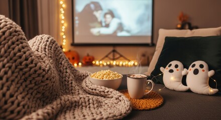woman on sofa, wrapped in cozy knit blanket, enjoying spooky movie night at home for content about Halloween traditions, home entertainment, holiday celebrations. cozy night in during autumn season