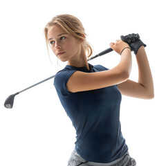 Focused young woman swings a golf club with determination, captured in a dynamic portrait against a clean white background.