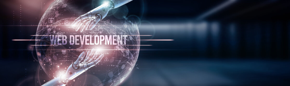 Hand of robot hold web development on global network connection, responsive design frameworks, front-end and back-end coding, user interface optimization, content management systems