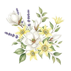 Watercolor floral bouquet illustration, Hand-drawn spring flowers arrangement, Elegant botanical blossom design