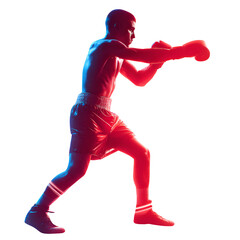 Focused boxer in silhouette throws a punch, illuminated by vibrant red and blue light.