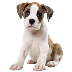 Adorable brindle and white puppy with soulful eyes sits patiently, looking forward with curiosity.