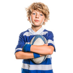 Young boy with blond curly hair confidently holding a rugby ball, ready for the game.