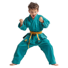 Determined young boy in martial arts uniform ready to fight with fierce expression.