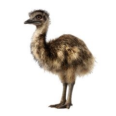 Curious emu chick with fluffy brown and tan feathers stands alertly on a white background.