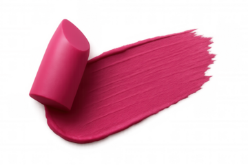 Pink lipstick smearing vibrant, creamy mark on transparent surface, highlighting soft cosmetic texture