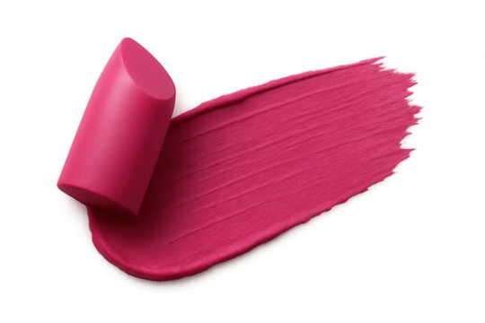 Pink lipstick smearing vibrant, creamy mark on transparent surface, highlighting soft cosmetic texture