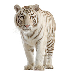 Majestic white tiger with striking blue eyes gazes intently forward, embodying raw power and natural beauty.