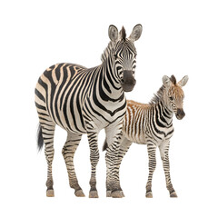 A protective mother zebra stands by her adorable foal, showcasing a beautiful bond in their natural stripes.