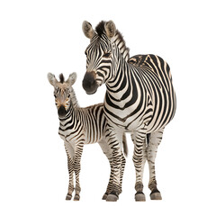 A gentle zebra mother stands protectively beside her curious young foal.