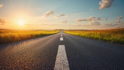 Straight asphalt road through green fields at sunset with dramatic sky and clouds, symbolizing journey and freedom